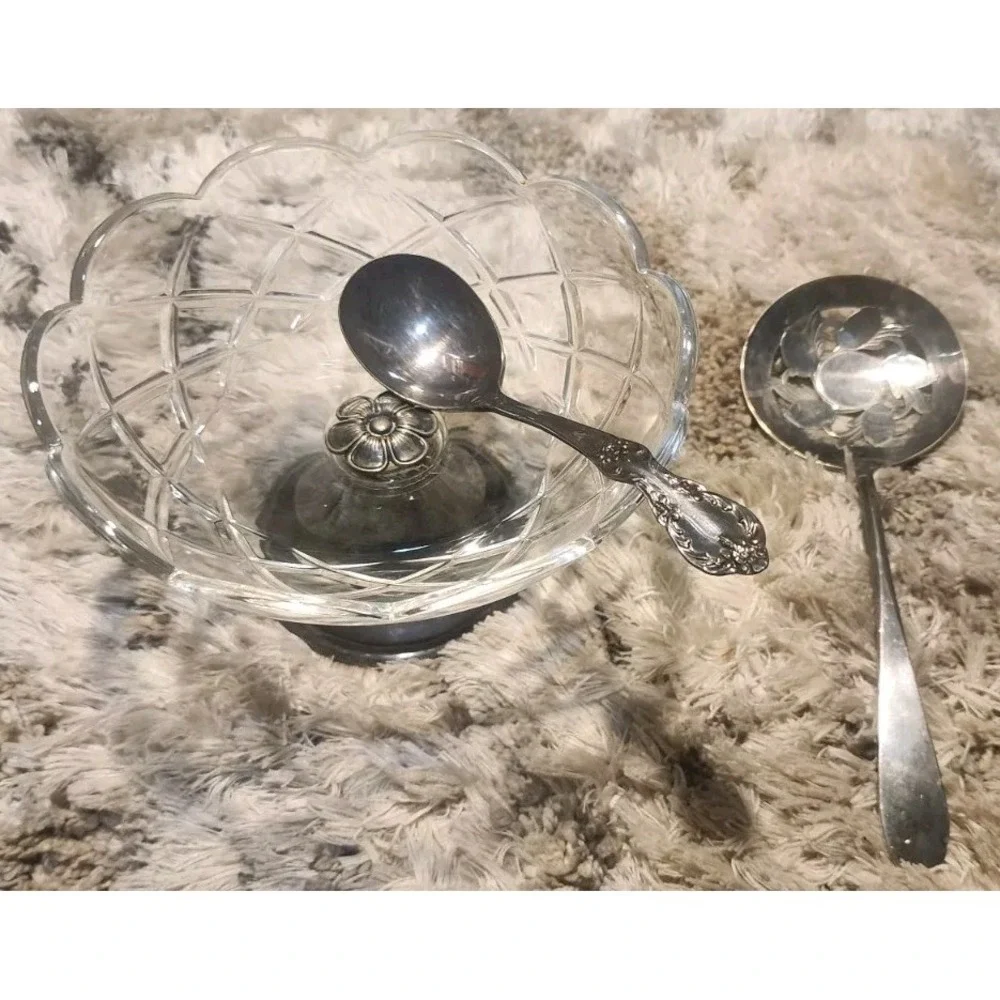 Crystal/Silverplate‎ Small Candy Dish WA Italy Vintage Flower. 2 Silver Spoons